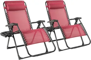 Goplus Oversized Zero Gravity Chair, XL-Extended Version, Outdoor Recliner w/Cup Holder & Detachable Headrest, Foldable Mesh Lounge Chairs for Patio Pool Porch & Deck, 500LBS (Set of 2, Wine)