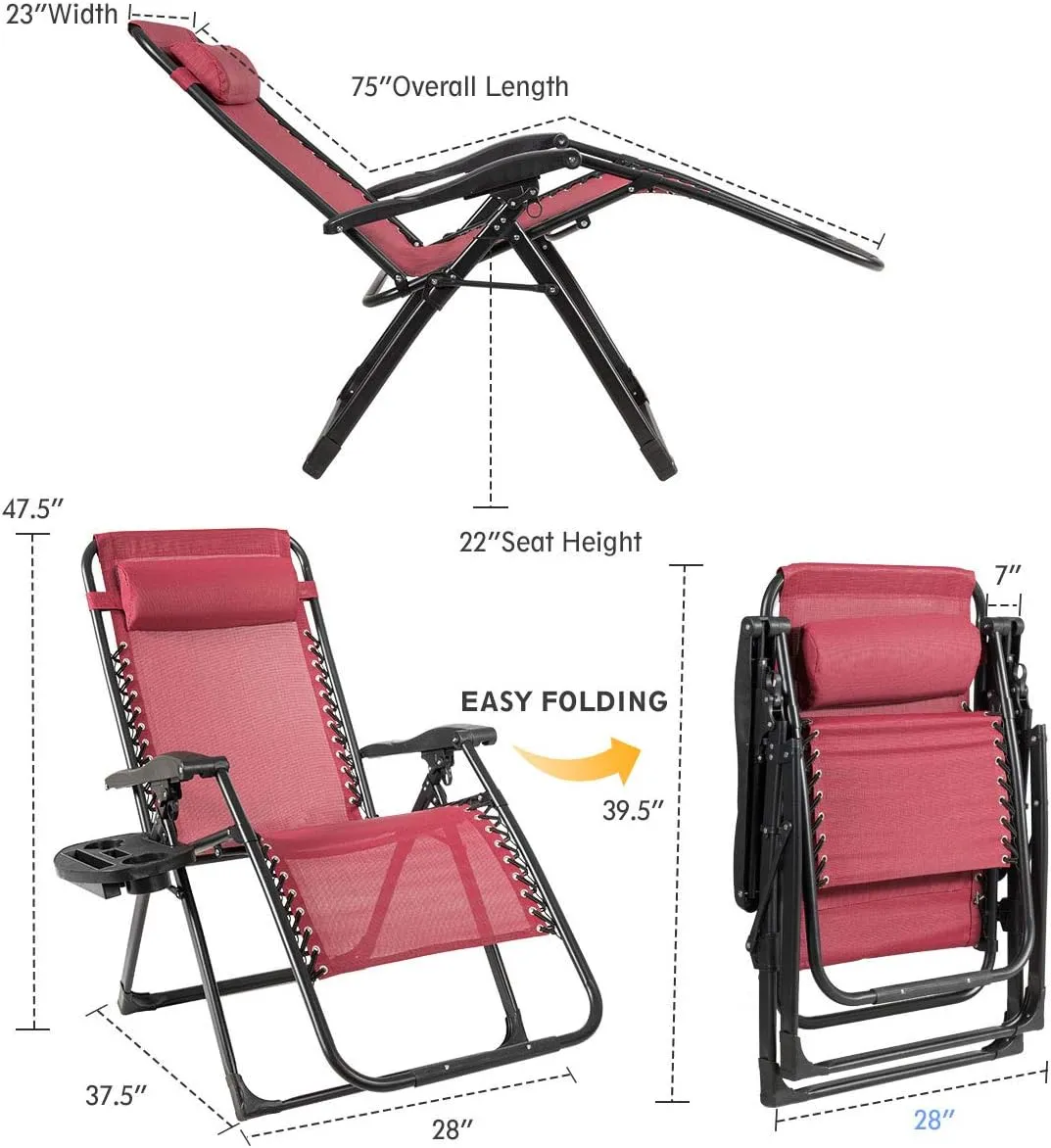 Goplus Oversized Zero Gravity Chair, XL-Extended Version, Outdoor Recliner w/Cup Holder & Detachable Headrest, Foldable Mesh Lounge Chairs for Patio Pool Porch & Deck, 500LBS (Set of 2, Wine)