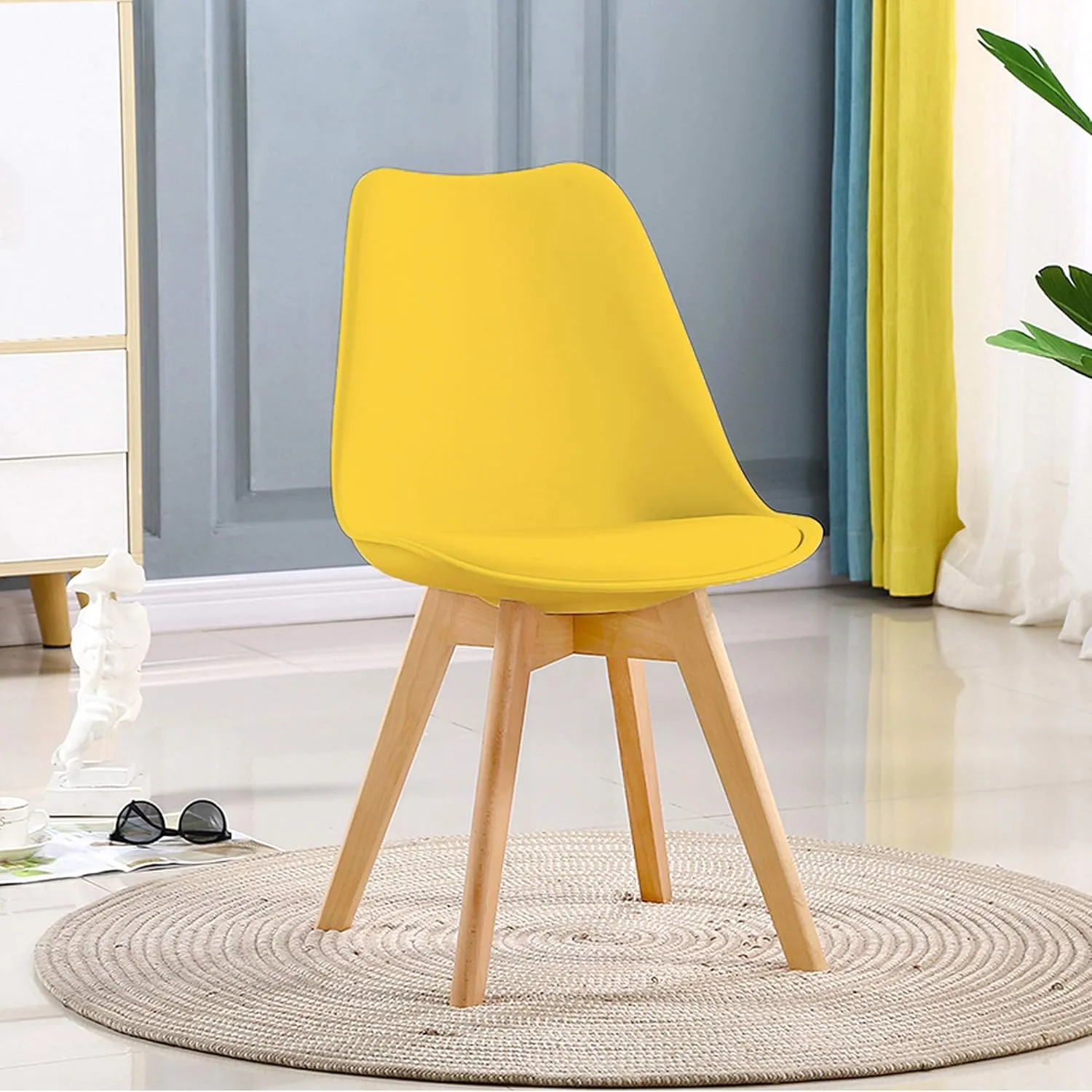 GOTMINSI Modern Style Chair Dining, Shell Lounge Plastic Chair with Chairs Natural Wood Legs (Set of 2 Yellow)