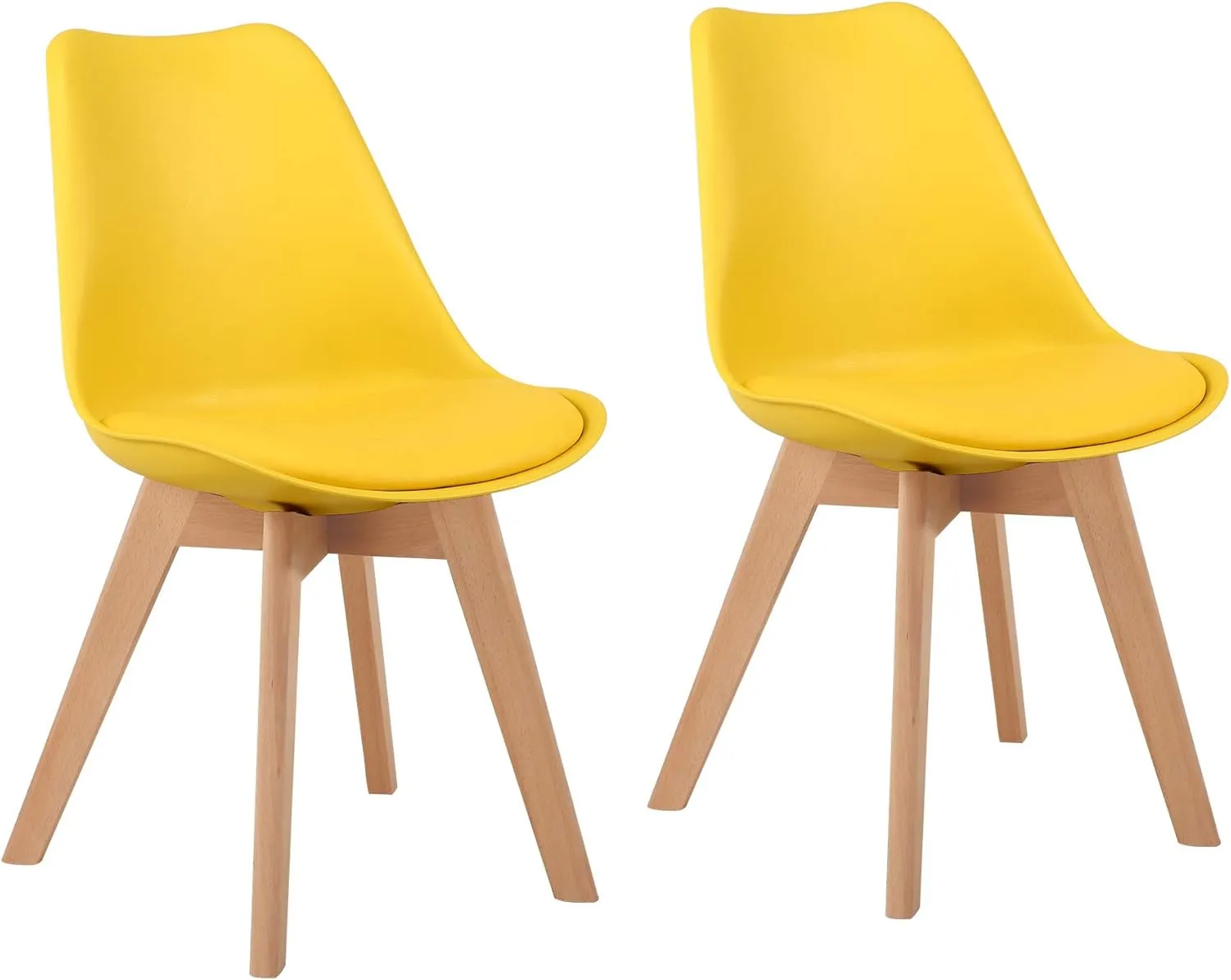 GOTMINSI Modern Style Chair Dining, Shell Lounge Plastic Chair with Chairs Natural Wood Legs (Set of 2 Yellow)