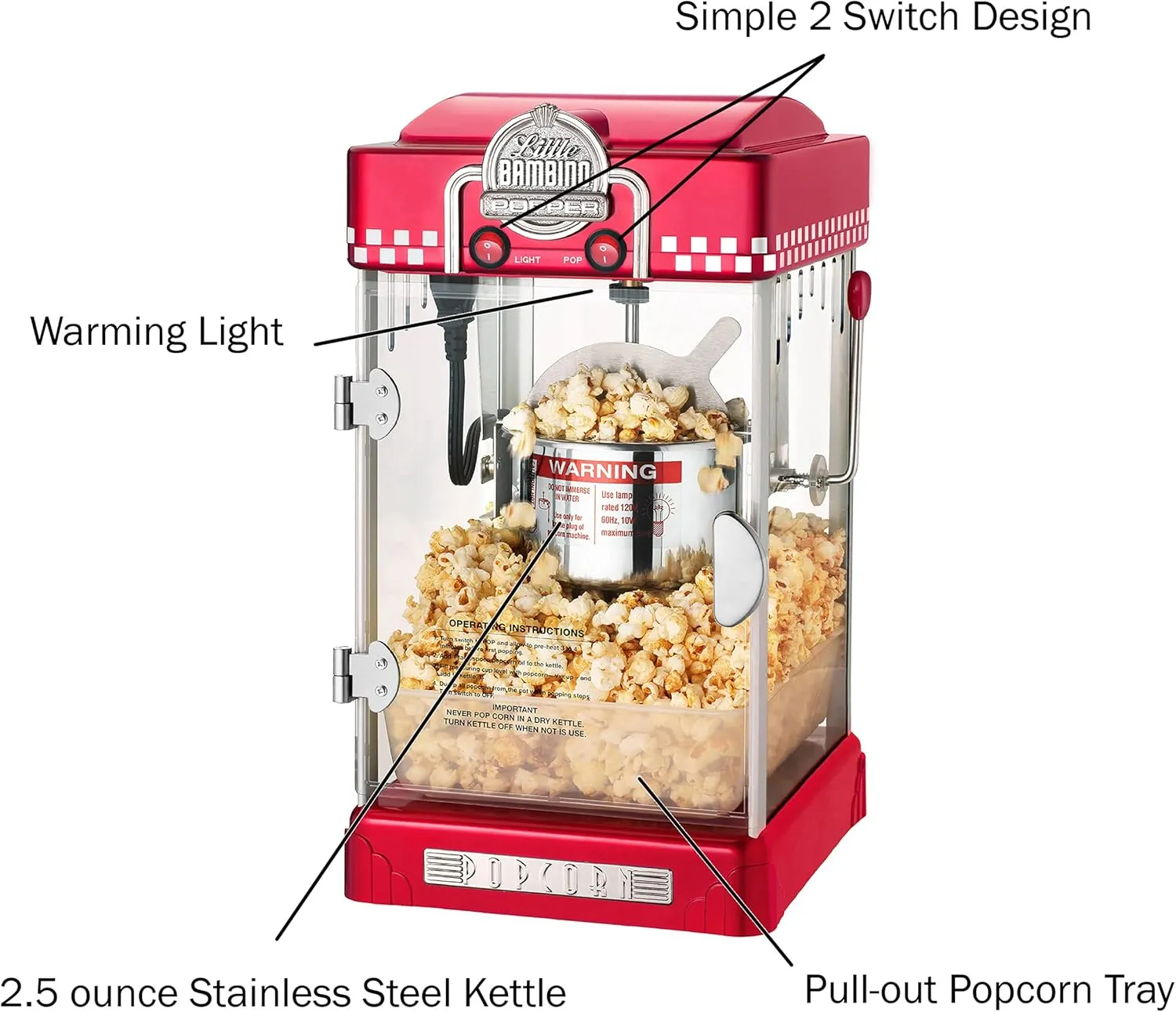 Great Northern Popcorn Company 83-DT5621 Northern Company Red GNP Little Bambino 2-1/2 Ounce Retro Style Popcorn Popper Machine, 2.5 Ounce