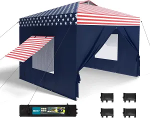 GREEN PARTY 10x10 Pop Up Canopy Tent, Commercial Instant Easy Up Outdoor Tent Canopy with 4 Removable Sidewalls, One Push Center Lock & Wheeled Carry Bag, American Flag
