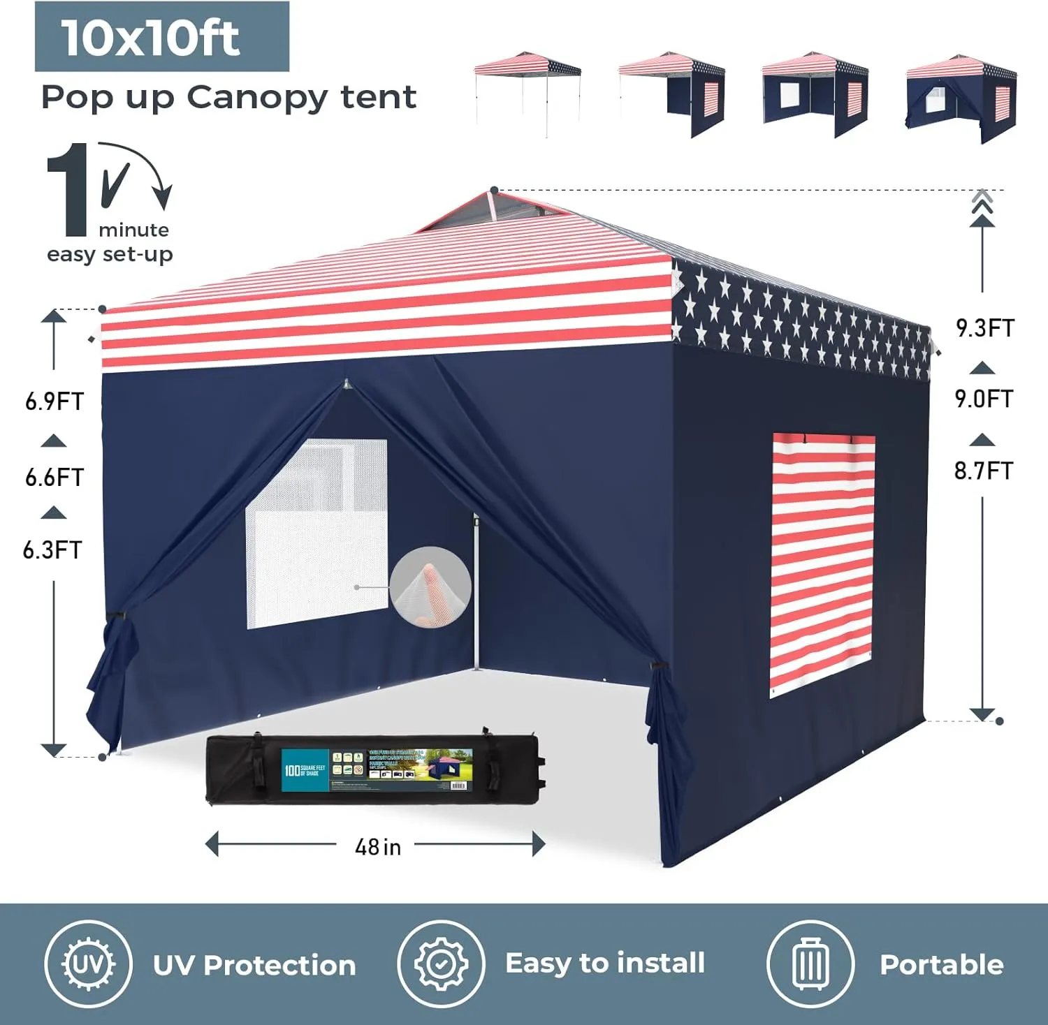 GREEN PARTY 10x10 Pop Up Canopy Tent, Commercial Instant Easy Up Outdoor Tent Canopy with 4 Removable Sidewalls, One Push Center Lock & Wheeled Carry Bag, American Flag