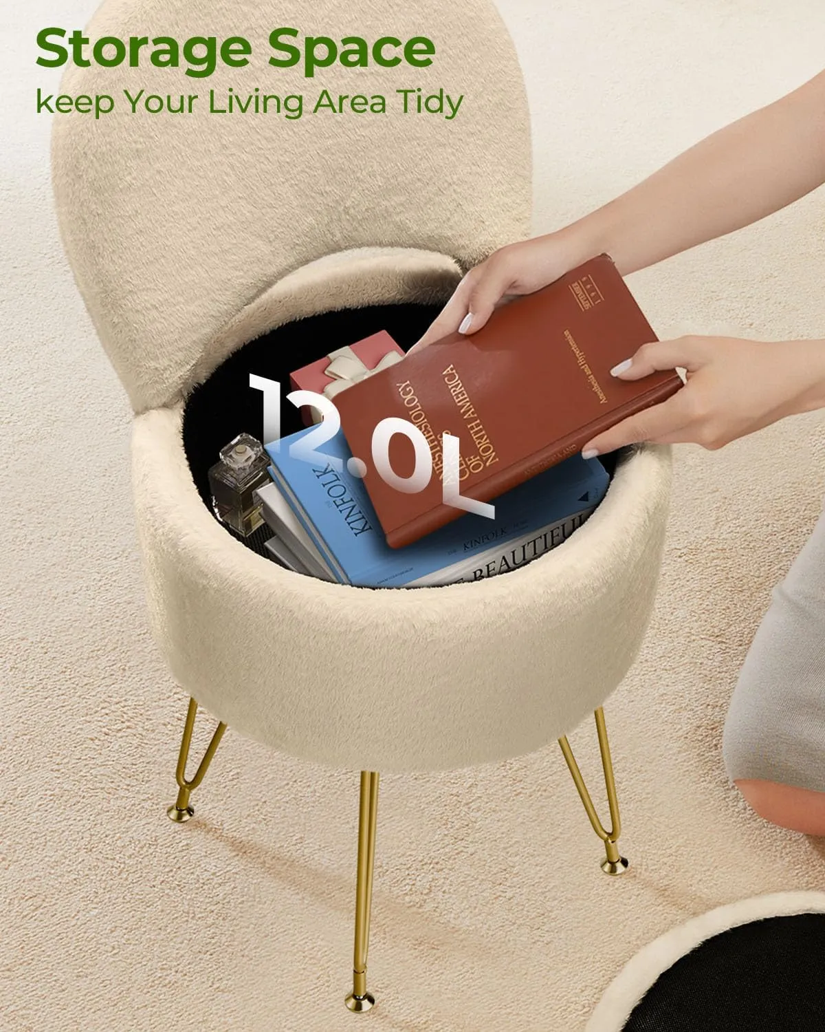 GREENSTELL Vanity Stool Chair with Storage and Folding Back, 15.7" x 15.7" x 19.5" Faux Fur Soft Ottoman for Adults, 4 Metal Legs with Anti-Slip Feet, Furry Padded Seat for Makeup, Bedroom, Camel