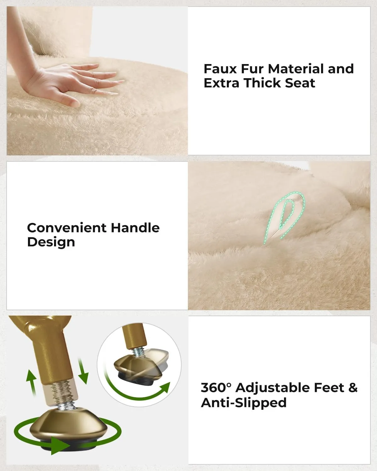 GREENSTELL Vanity Stool Chair with Storage and Folding Back, 15.7" x 15.7" x 19.5" Faux Fur Soft Ottoman for Adults, 4 Metal Legs with Anti-Slip Feet, Furry Padded Seat for Makeup, Bedroom, Camel