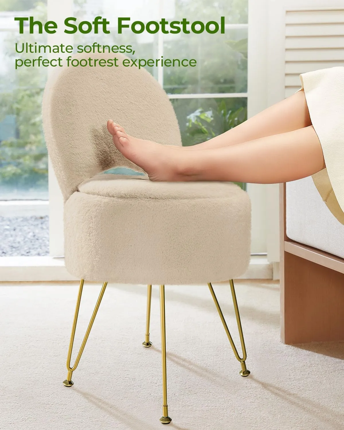 GREENSTELL Vanity Stool Chair with Storage and Folding Back, 15.7" x 15.7" x 19.5" Faux Fur Soft Ottoman for Adults, 4 Metal Legs with Anti-Slip Feet, Furry Padded Seat for Makeup, Bedroom, Camel
