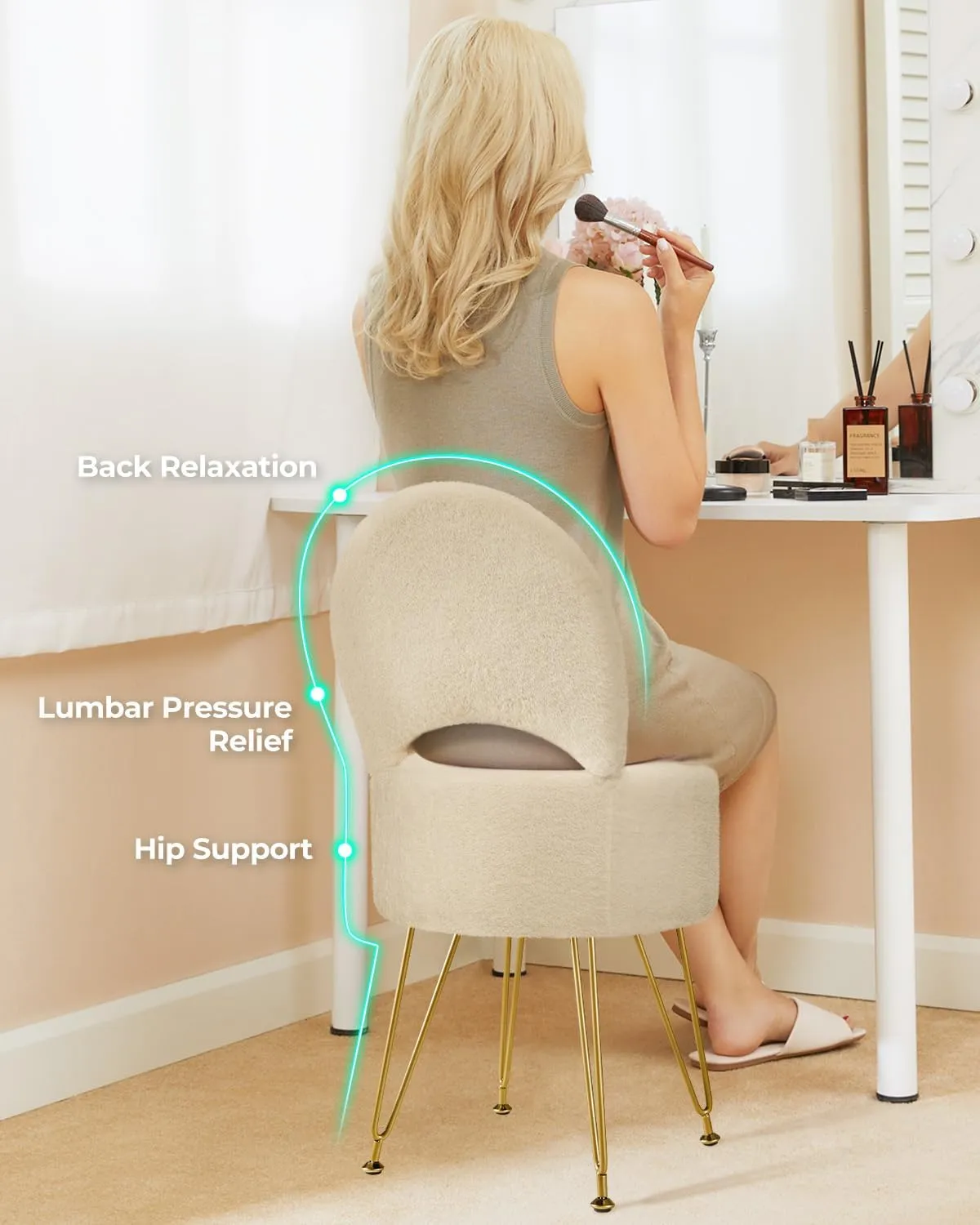 GREENSTELL Vanity Stool Chair with Storage and Folding Back, 15.7" x 15.7" x 19.5" Faux Fur Soft Ottoman for Adults, 4 Metal Legs with Anti-Slip Feet, Furry Padded Seat for Makeup, Bedroom, Camel