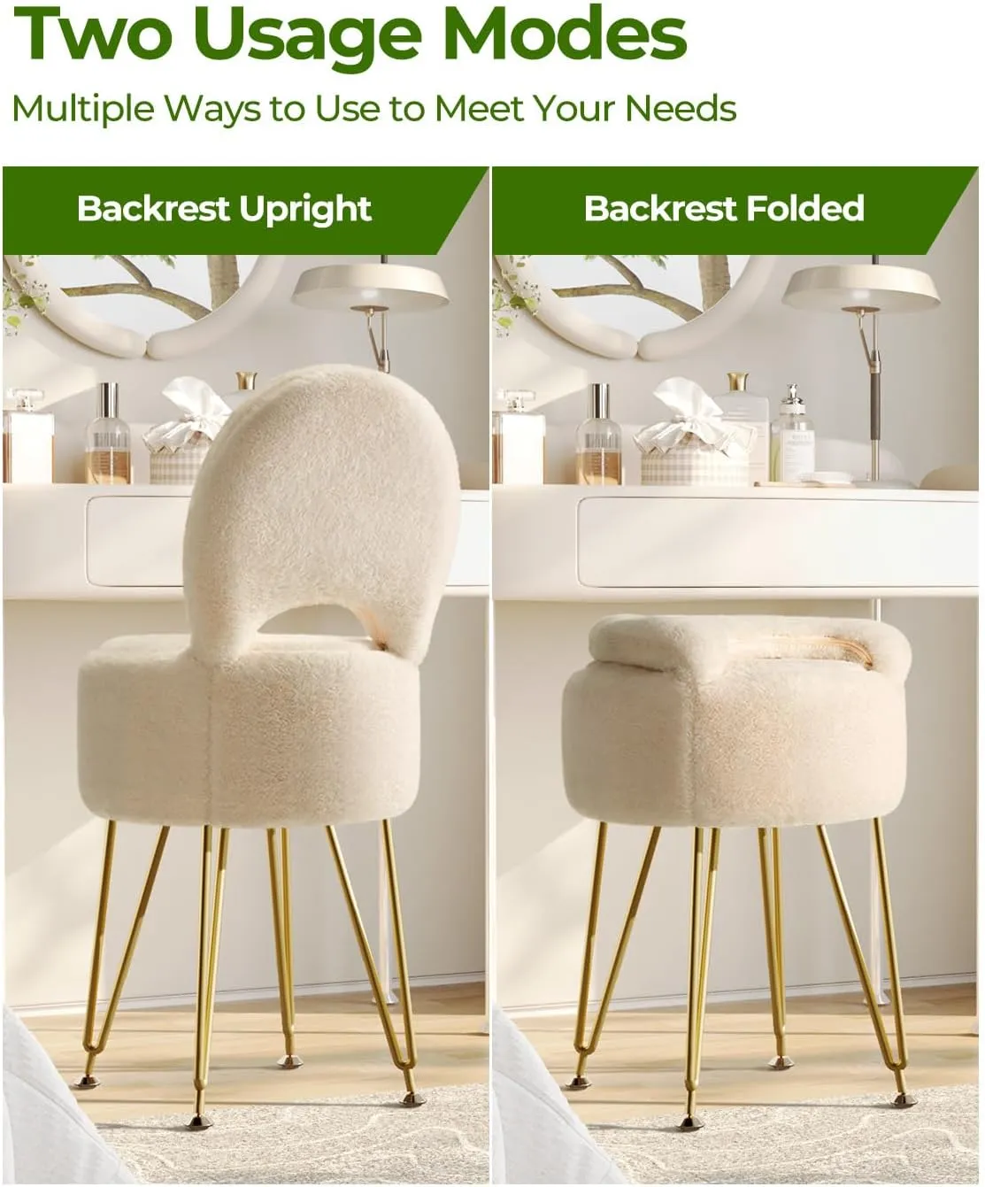 GREENSTELL Vanity Stool Chair with Storage and Folding Back, 15.7" x 15.7" x 19.5" Faux Fur Soft Ottoman for Adults, 4 Metal Legs with Anti-Slip Feet, Furry Padded Seat for Makeup, Bedroom, Camel