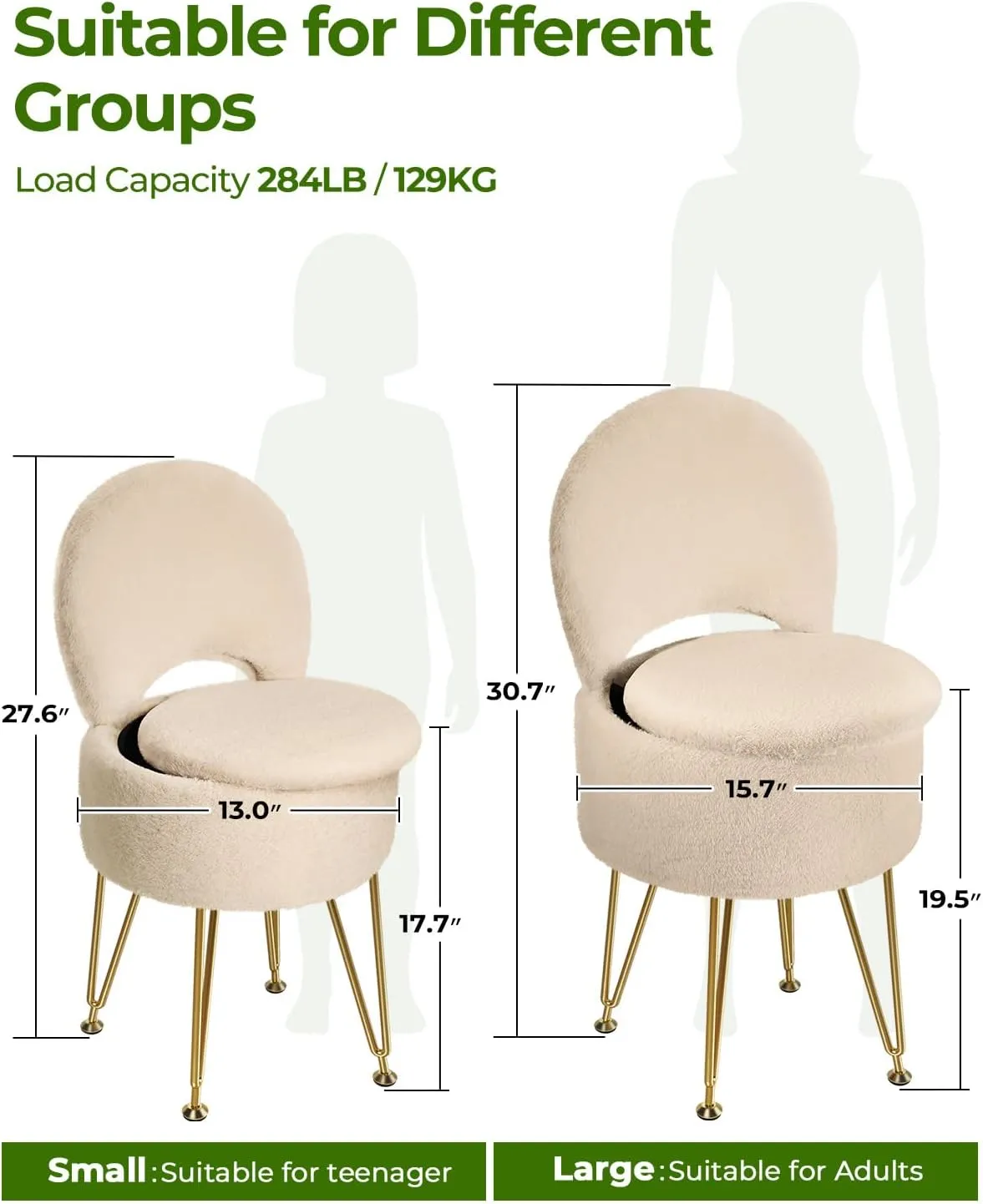 GREENSTELL Vanity Stool Chair with Storage and Folding Back, 15.7" x 15.7" x 19.5" Faux Fur Soft Ottoman for Adults, 4 Metal Legs with Anti-Slip Feet, Furry Padded Seat for Makeup, Bedroom, Camel