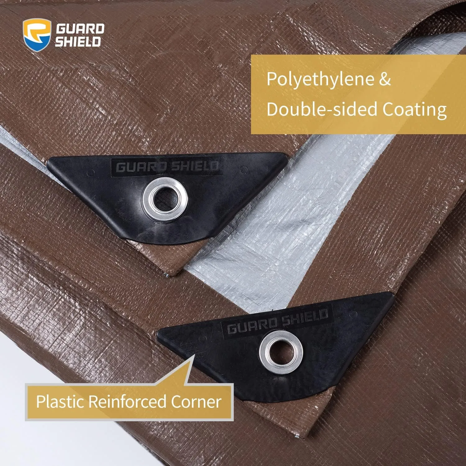 GUARD SHIELD Tarps Heavy Duty Waterproof 12x16 Feet Brown/Bright Silver Poly Tarp Cover Outdoor Thick UV Resistant Tarpaulin with Grommets 10mil