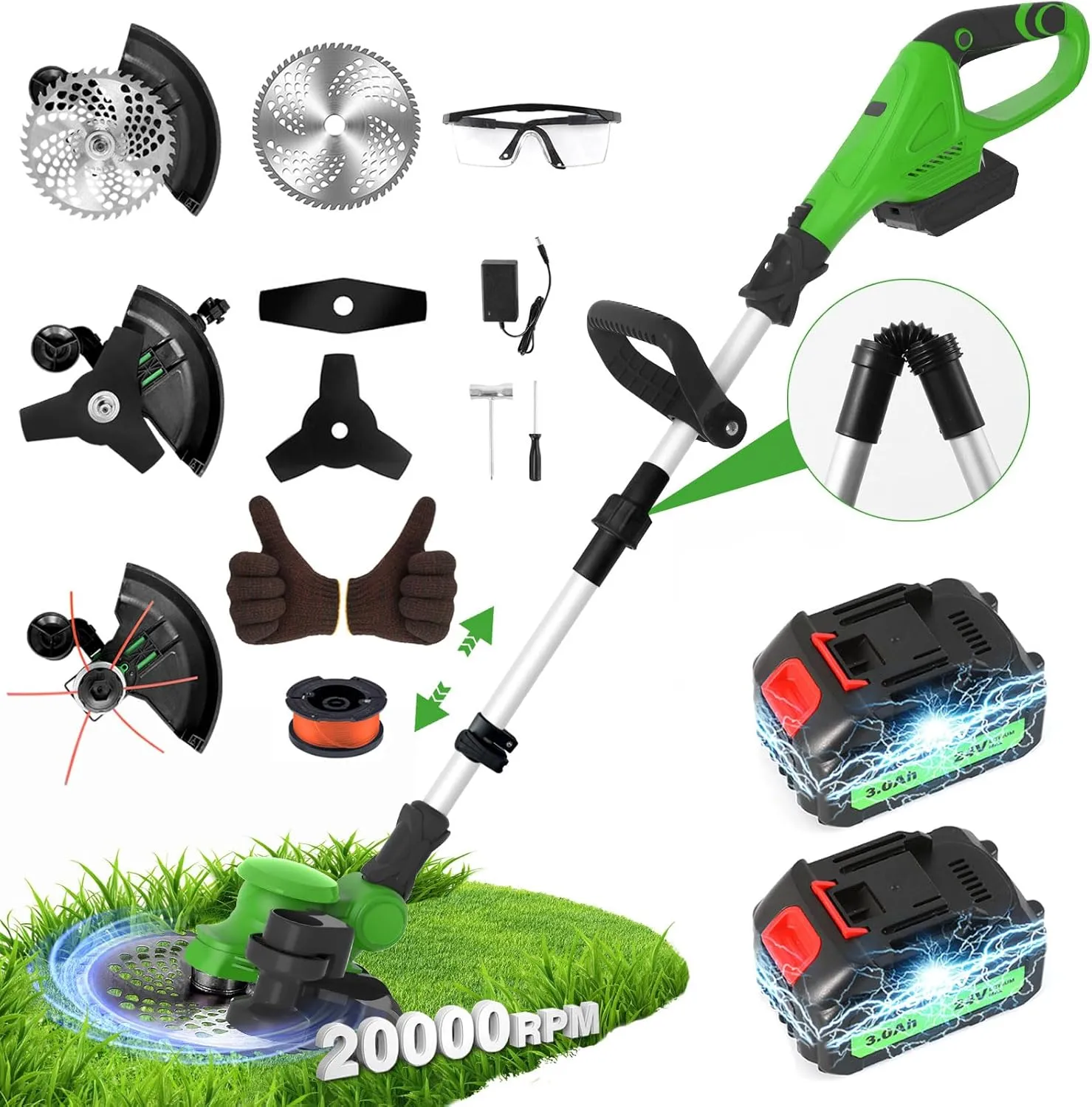 GVDV 20000 RPM Weed Wacker Cordless, 24V 6000mAh Batteries, 12″ Brushless 3-in-1 Brush Cutter/Weed Eater/Grass Trimmer, Adjustable Length Lightweight String Trimmer for Yard and Garden, Green