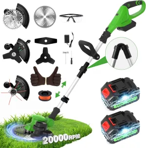GVDV 20000 RPM Weed Wacker Cordless, 24V 6000mAh Batteries, 12″ Brushless 3-in-1 Brush Cutter/Weed Eater/Grass Trimmer, Adjustable Length Lightweight String Trimmer for Yard and Garden, Green