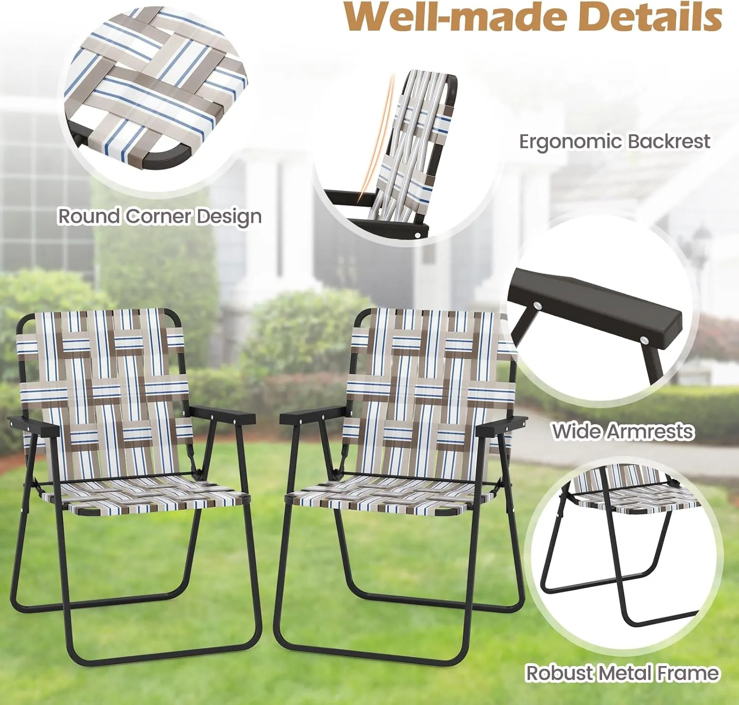GYMAX Folding Chair, Patio Lawn Chair Set with Armrest, Indoor/Outdoor 2 Pack Webbed Lightweight Dinning Chair, Portable Beach Chair for Outside, Poolside, Backyard (Coffee, 2)