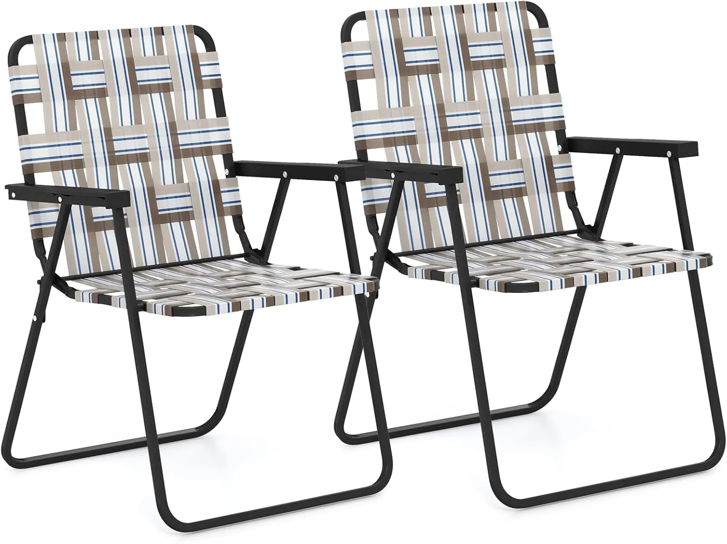 GYMAX Folding Chair, Patio Lawn Chair Set with Armrest, Indoor/Outdoor 2 Pack Webbed Lightweight Dinning Chair, Portable Beach Chair for Outside, Poolside, Backyard (Coffee, 2)