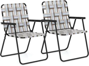 GYMAX Folding Chair, Patio Lawn Chair Set with Armrest, Indoor/Outdoor 2 Pack Webbed Lightweight Dinning Chair, Portable Beach Chair for Outside, Poolside, Backyard (Coffee, 2)