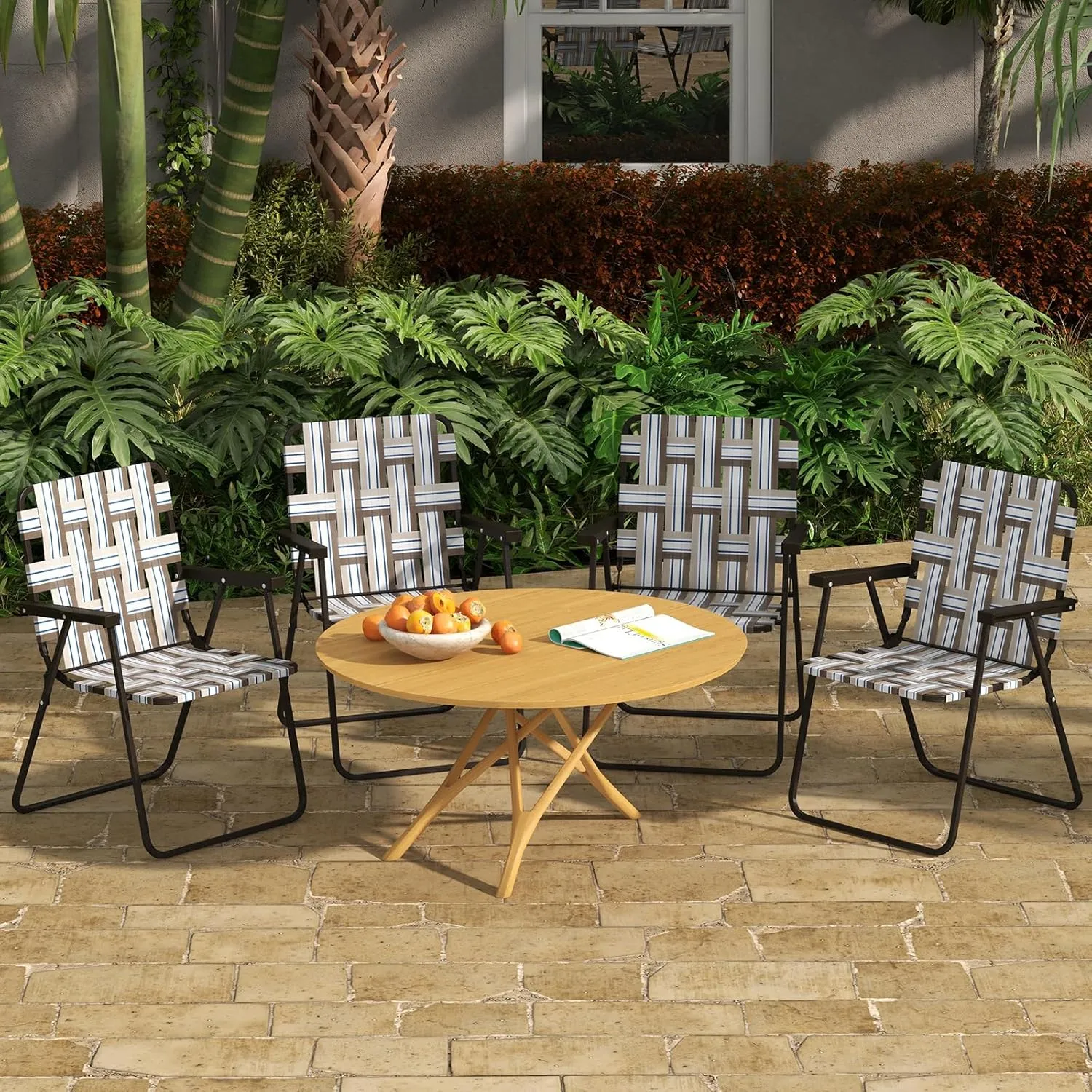 GYMAX Folding Chair, Patio Lawn Chair Set with Armrest, Indoor/Outdoor 2 Pack Webbed Lightweight Dinning Chair, Portable Beach Chair for Outside, Poolside, Backyard (Coffee, 2)