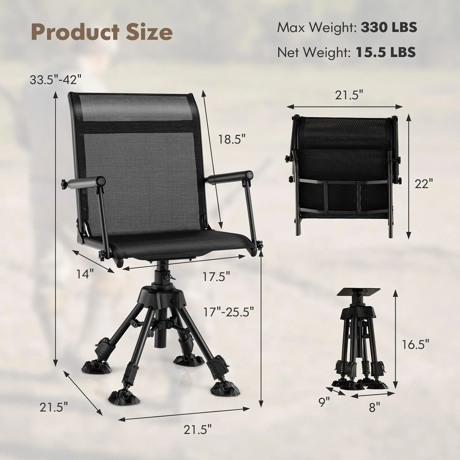 GYMAX Swivel Hunting Chair, 360 Degree Folding Hunting Blind Chair with Adjustable Height, Arm Rest, Telescopic Legs & Duck Feet, 330 LBS Silent Outdoor Ground Blind Seat for Deer Dove Hunting Fishing
