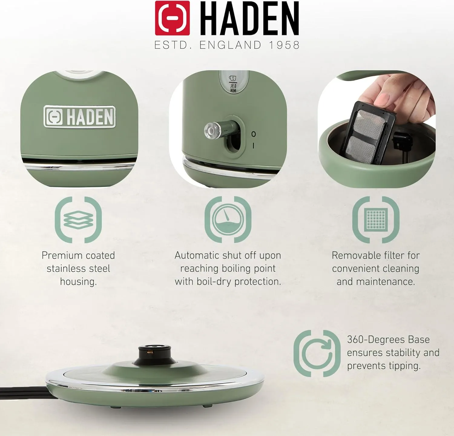 Haden Dorset 1.7 Liter Stainless Steel Electric Kettle, Hot Water Kettle with 360-Degree Base and Auto Shutoff, Cedar Green & Chrome