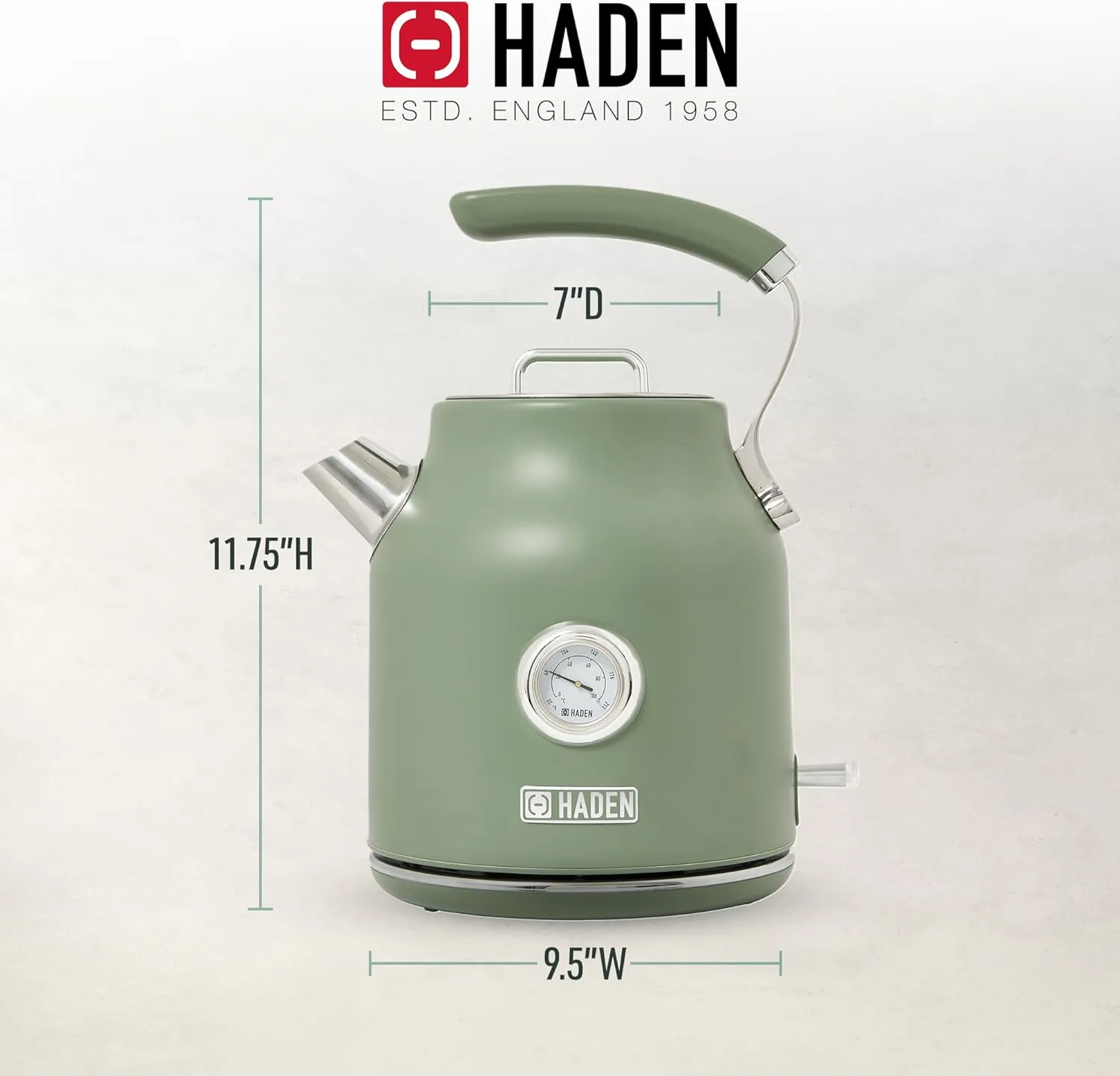Haden Dorset 1.7 Liter Stainless Steel Electric Kettle, Hot Water Kettle with 360-Degree Base and Auto Shutoff, Cedar Green & Chrome