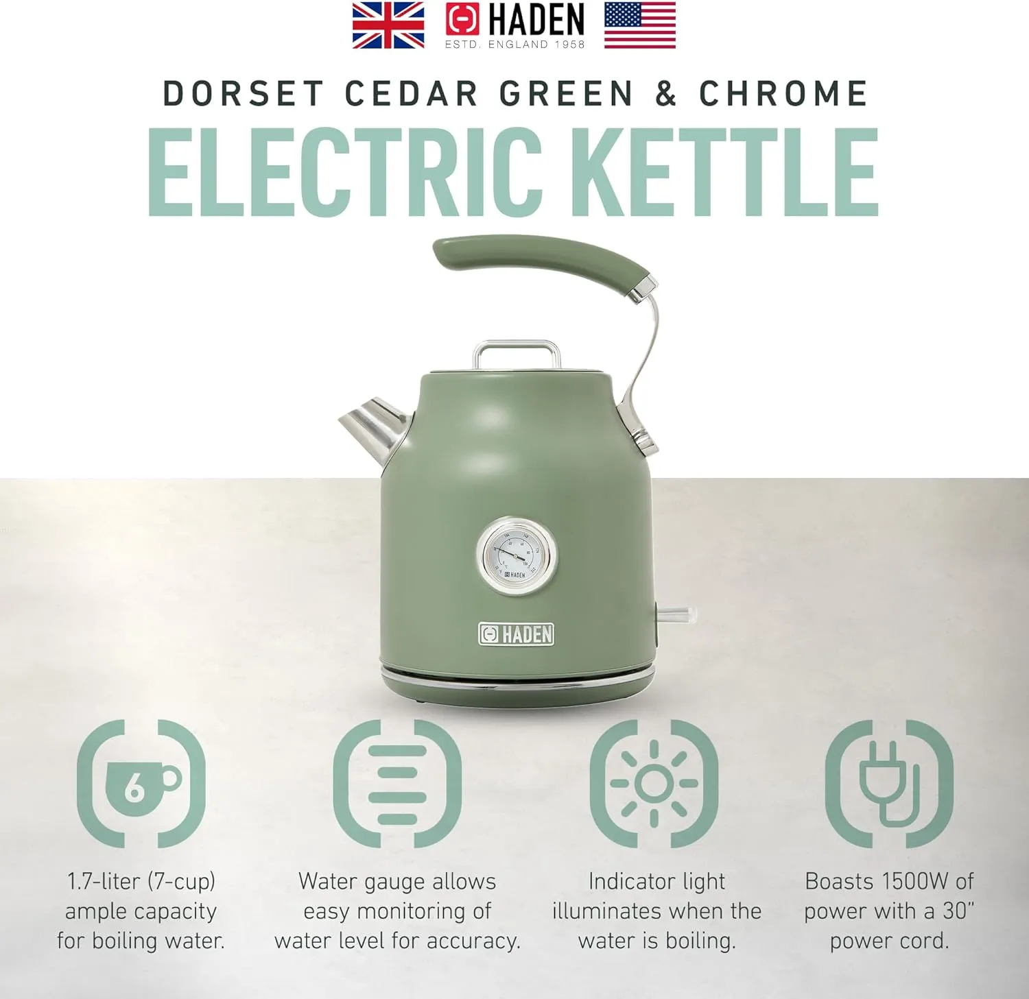 Haden Dorset 1.7 Liter Stainless Steel Electric Kettle, Hot Water Kettle with 360-Degree Base and Auto Shutoff, Cedar Green & Chrome