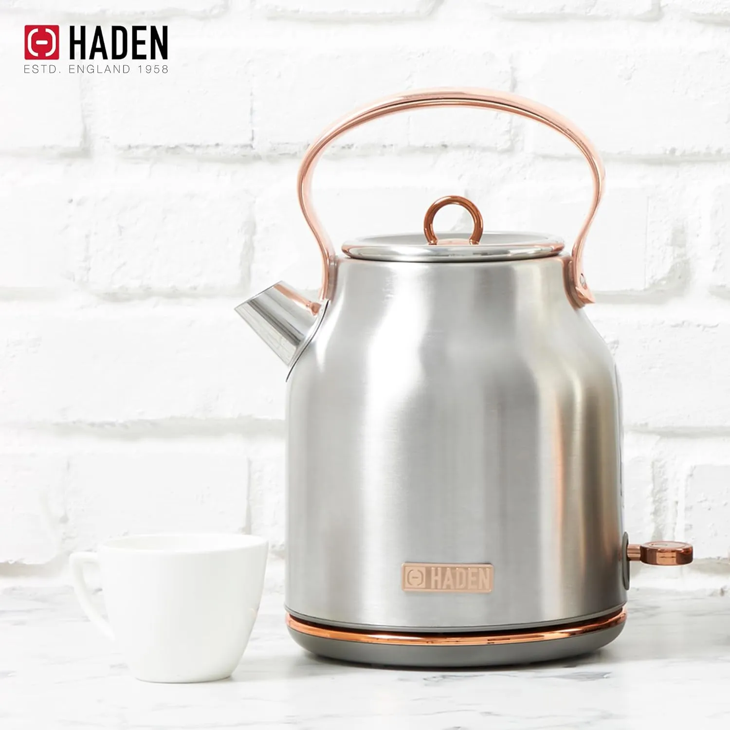 Haden Heritage 1.7 Liter Stainless Steel Electric Kettle, Hot Water Kettle with 360-Degree Base and Auto Shutoff, Steel & Copper