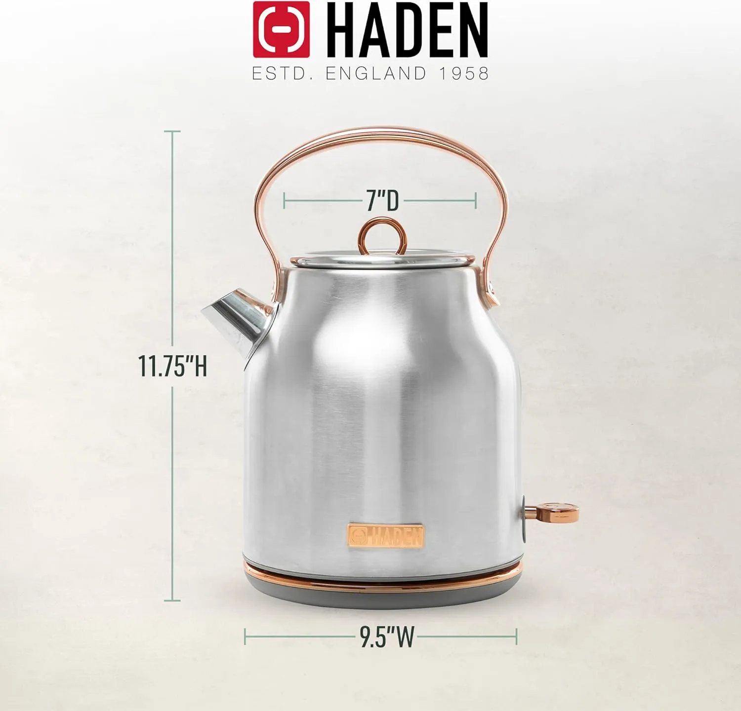 Haden Heritage 1.7 Liter Stainless Steel Electric Kettle, Hot Water Kettle with 360-Degree Base and Auto Shutoff, Steel & Copper