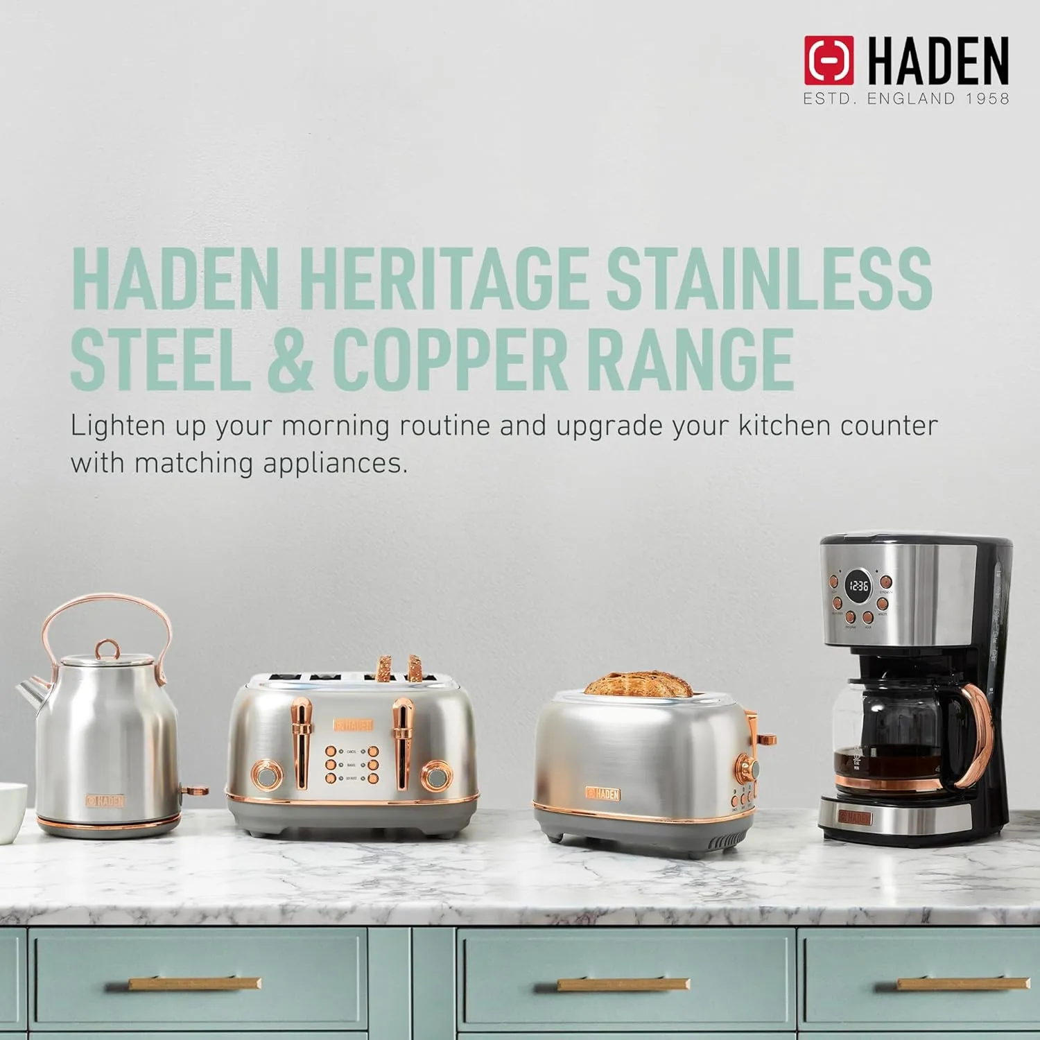 Haden Heritage 1.7 Liter Stainless Steel Electric Kettle, Hot Water Kettle with 360-Degree Base and Auto Shutoff, Steel & Copper