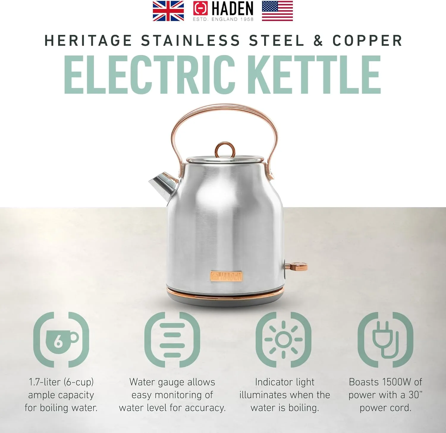 Haden Heritage 1.7 Liter Stainless Steel Electric Kettle, Hot Water Kettle with 360-Degree Base and Auto Shutoff, Steel & Copper
