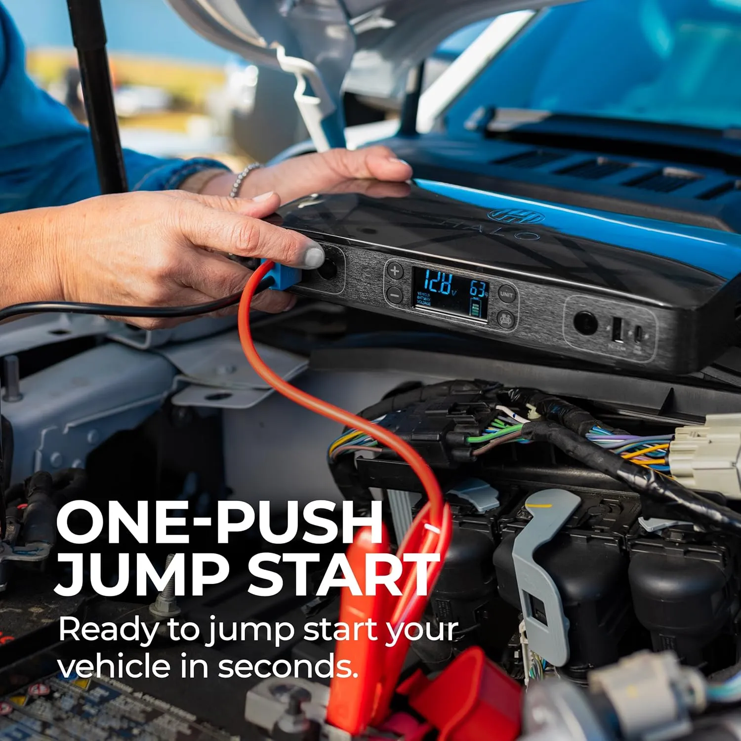 HALO Bolt Ultimate 2 Portable Car Battery Jump Starter | 130 PSI Air Compressor, 55.5Wh USB Power Bank with AC Outlet, Emergency Floodlight & Charger, Jumps Cars SUVs & Trucks, Inflates Tires — Navy
