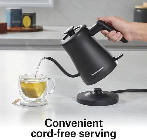 Hamilton Beach Compact 20 oz. / 0.6 Liter Gooseneck Electric Kettle for Boiling Water, Pour Over Coffee, Tea, Ultra Fast Heating With 1200 Watts, Stainless Steel BPA-Free Interior, Black (41045)