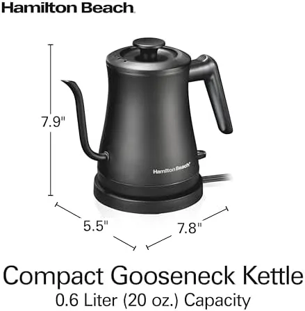 Hamilton Beach Compact 20 oz. / 0.6 Liter Gooseneck Electric Kettle for Boiling Water, Pour Over Coffee, Tea, Ultra Fast Heating With 1200 Watts, Stainless Steel BPA-Free Interior, Black (41045)