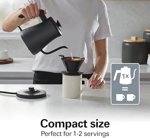Hamilton Beach Compact 20 oz. / 0.6 Liter Gooseneck Electric Kettle for Boiling Water, Pour Over Coffee, Tea, Ultra Fast Heating With 1200 Watts, Stainless Steel BPA-Free Interior, Black (41045)