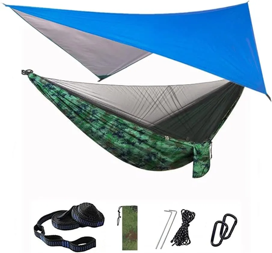 Hammock Camping Hammock with Mosquito Net and Rain Fly Tarp,Portable Parachute Tree Hammock Nylon Swing Hammocks Sun Shelter Rain Fly Swing