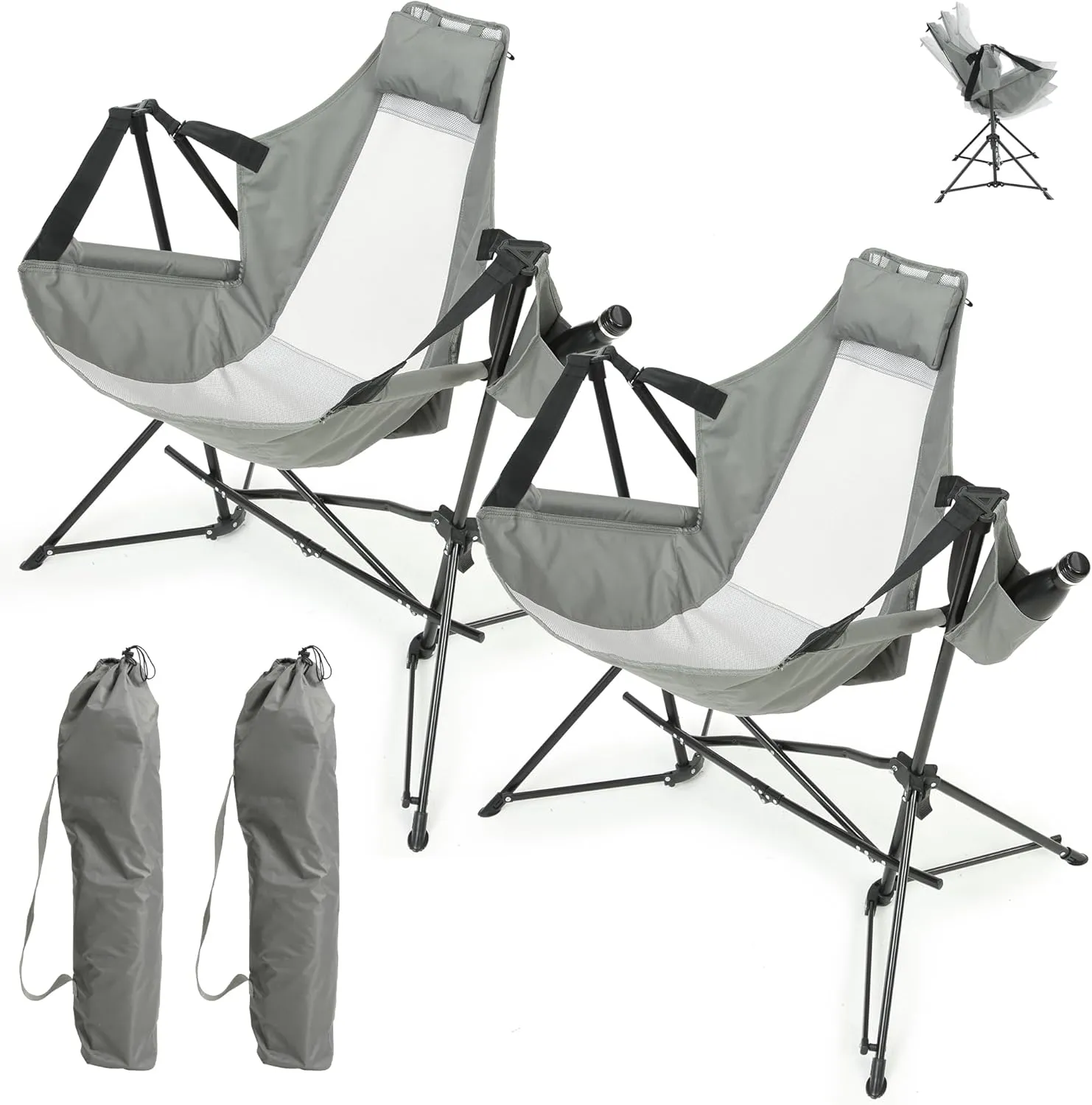 Hammock Folding Camping Chair - Outdoor Portable Swing Camp Chairs Set of 2 with Stand Adults Rocking Swinging Chair for Beach Lawn Patio (Grey)