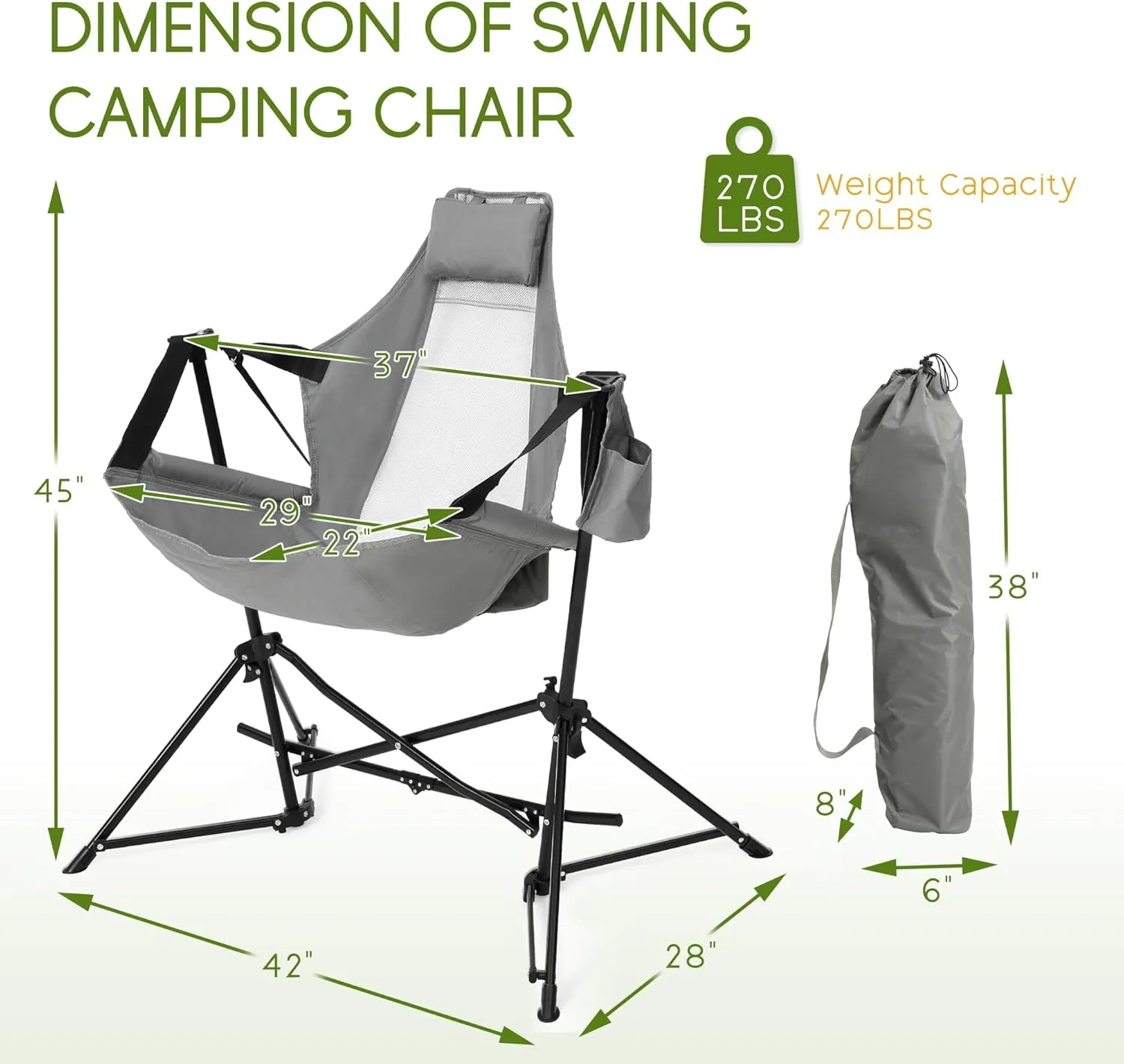 Hammock Folding Camping Chair - Outdoor Portable Swing Camp Chairs Set of 2 with Stand Adults Rocking Swinging Chair for Beach Lawn Patio (Grey)