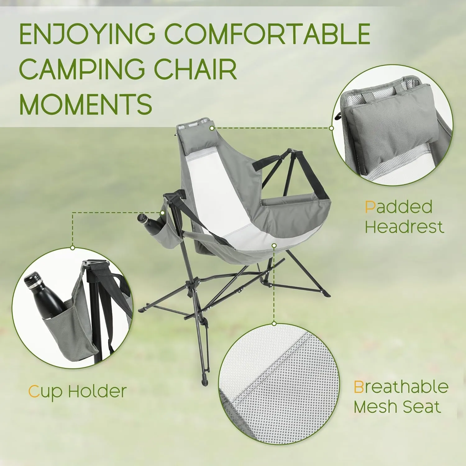 Hammock Folding Camping Chair - Outdoor Portable Swing Camp Chairs Set of 2 with Stand Adults Rocking Swinging Chair for Beach Lawn Patio (Grey)