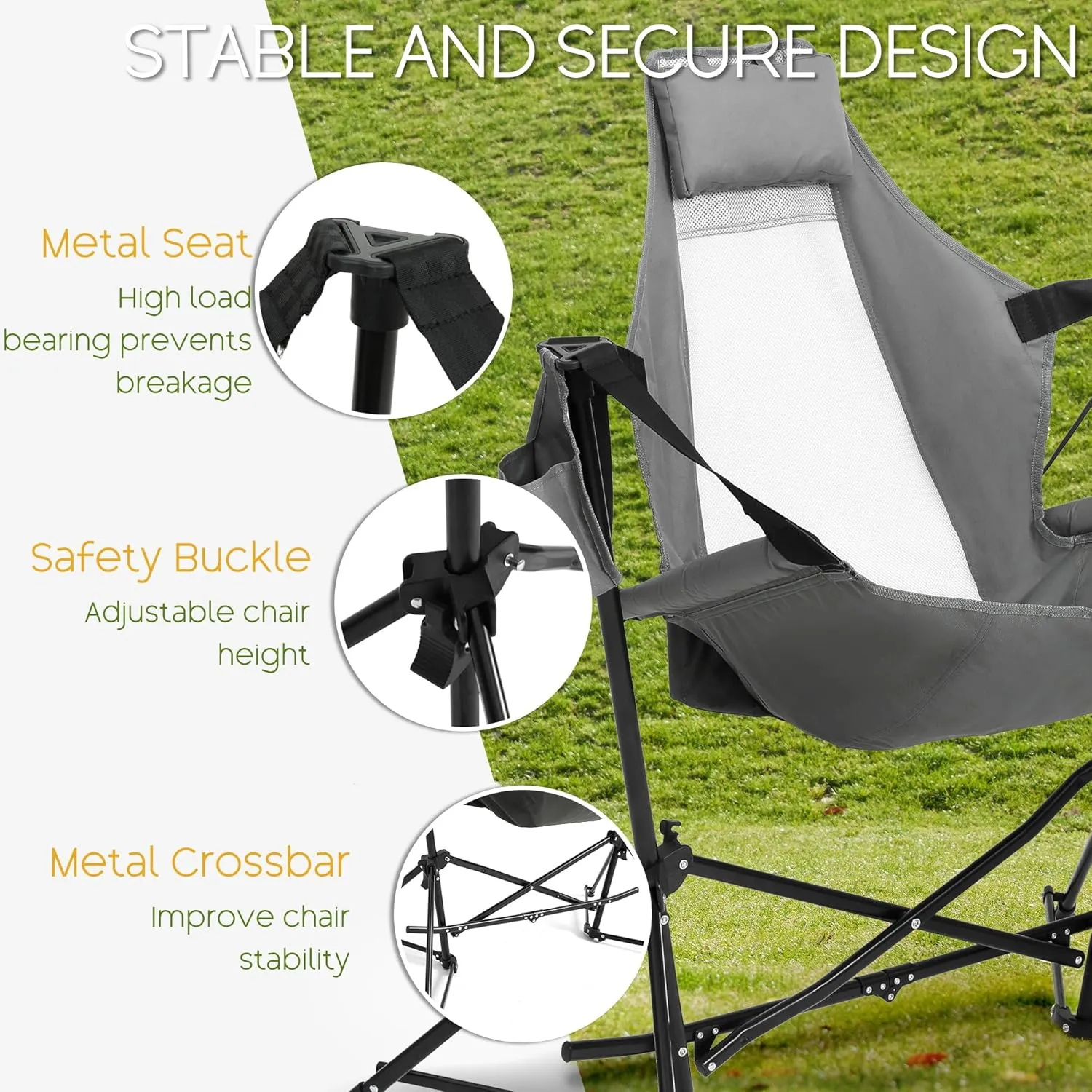 Hammock Folding Camping Chair - Outdoor Portable Swing Camp Chairs Set of 2 with Stand Adults Rocking Swinging Chair for Beach Lawn Patio (Grey)