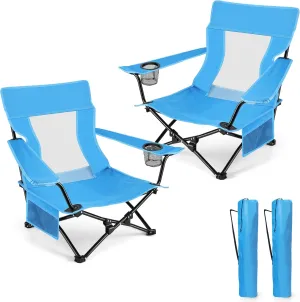 HaSteeL Folding Beach Chair Set of 2, Foldable Blue Camping Chairs for Outside, Low Beach Chair Portable for Adults Fishing, Picnic, Outdoor BBQ, Travel, Sports, Cup Holder & Storage Bag