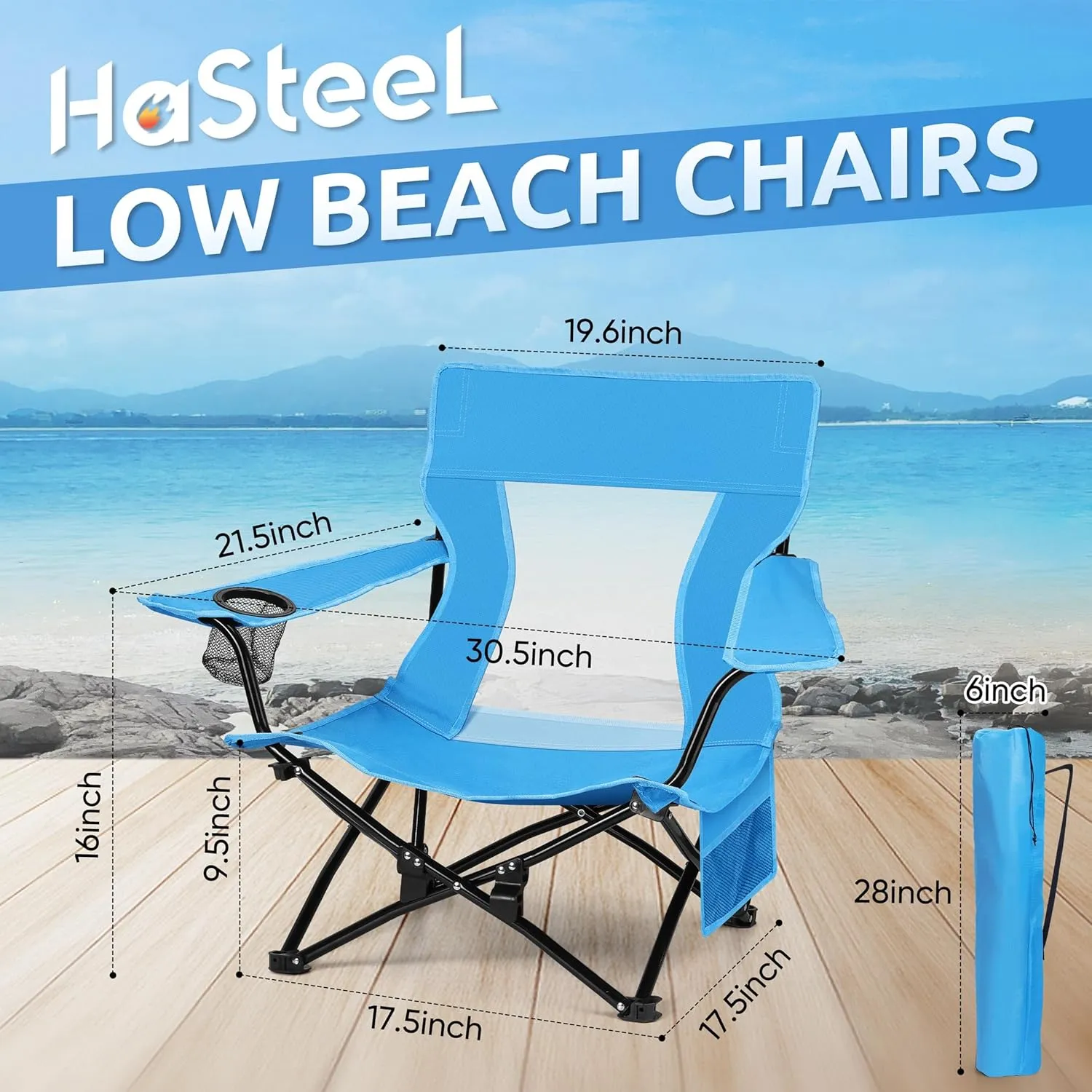 HaSteeL Folding Beach Chair Set of 2, Foldable Blue Camping Chairs for Outside, Low Beach Chair Portable for Adults Fishing, Picnic, Outdoor BBQ, Travel, Sports, Cup Holder & Storage Bag