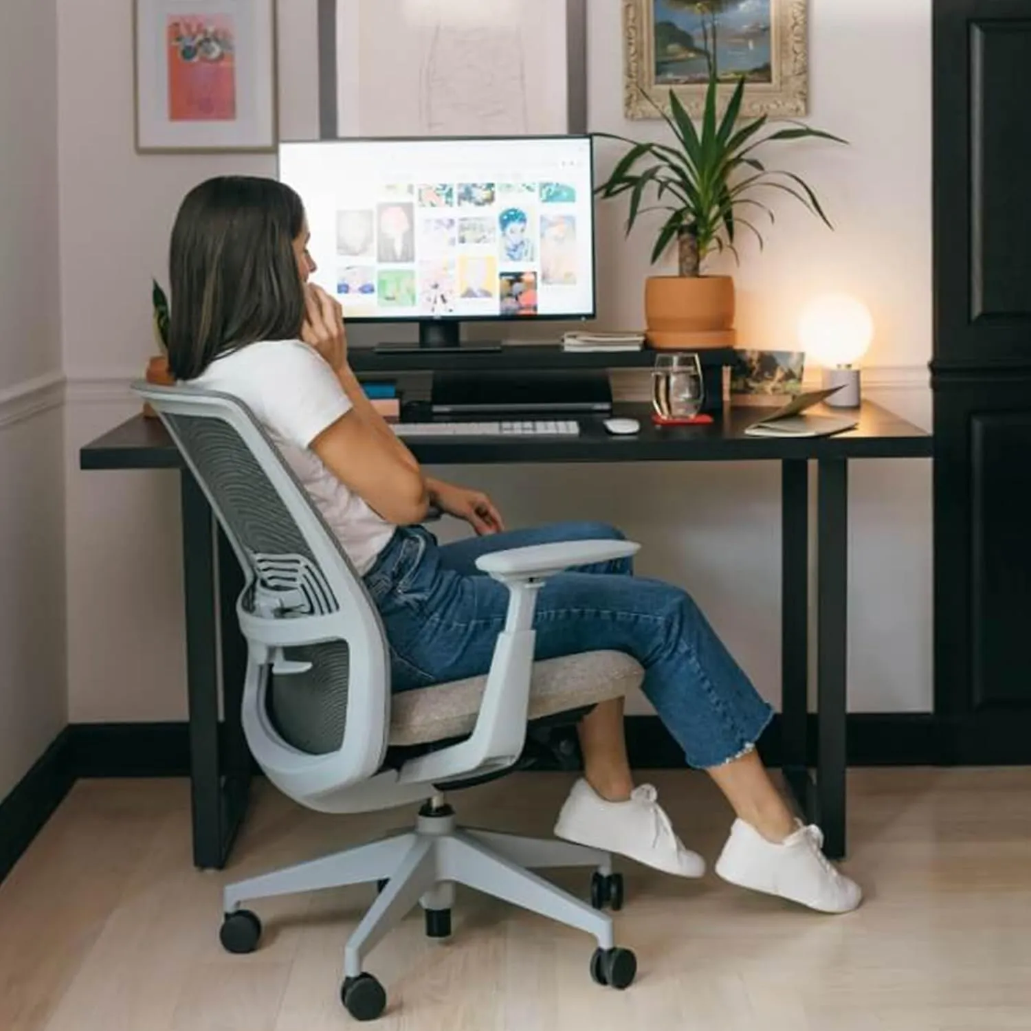 Haworth Soji Office Chair with Ergonomic Adjustments and Lumbar Support, Flexible Mesh Back (Stone)