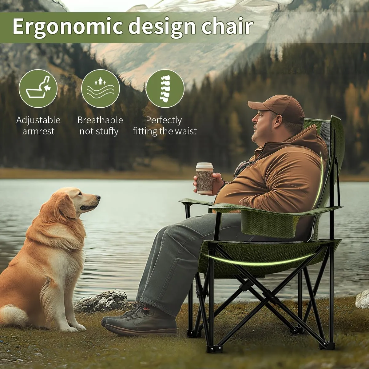 Heavy Duty Folding Chair 500LB Capacity, Oversized Camping Chairs with Cup Holder, Cooler Bag & Storage Pouch, Double-Layer Fabric, Outdoor Chairs for Sports, Lawn Chairs (2, Black Green, Extra Large)