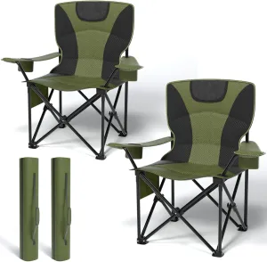 Heavy Duty Folding Chair 500LB Capacity, Oversized Camping Chairs with Cup Holder, Cooler Bag & Storage Pouch, Double-Layer Fabric, Outdoor Chairs for Sports, Lawn Chairs (2, Black Green, Extra Large)