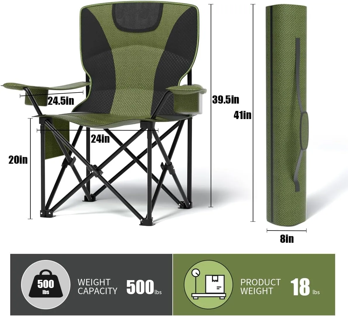 Heavy Duty Folding Chair 500LB Capacity, Oversized Camping Chairs with Cup Holder, Cooler Bag & Storage Pouch, Double-Layer Fabric, Outdoor Chairs for Sports, Lawn Chairs (2, Black Green, Extra Large)