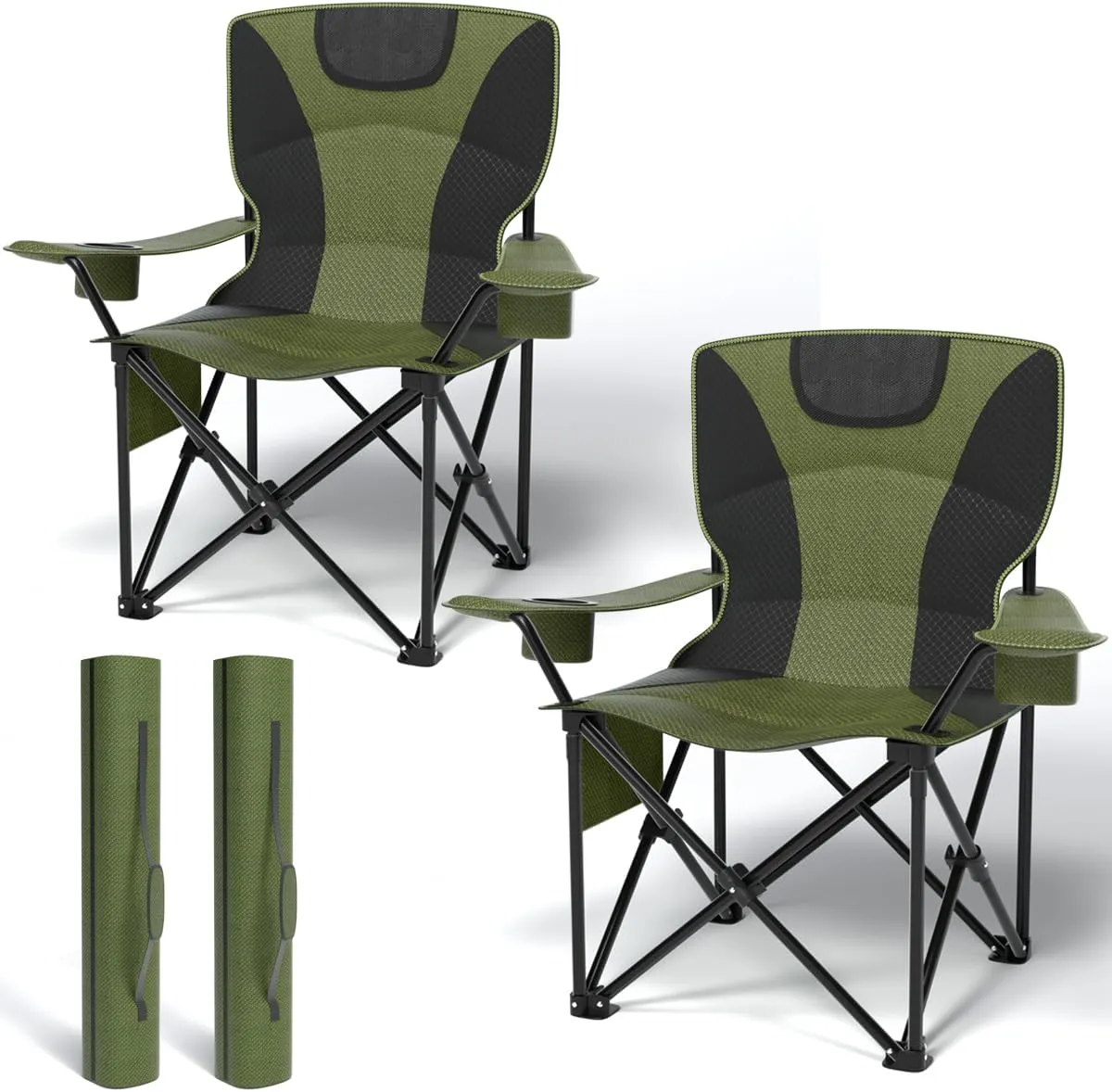 Heavy Duty Folding Chair 500LB Capacity, Oversized Camping Chairs with Cup Holder, Cooler Bag & Storage Pouch, Double-Layer Fabric, Outdoor Chairs for Sports, Lawn Chairs (2, Black Green, Extra Large)