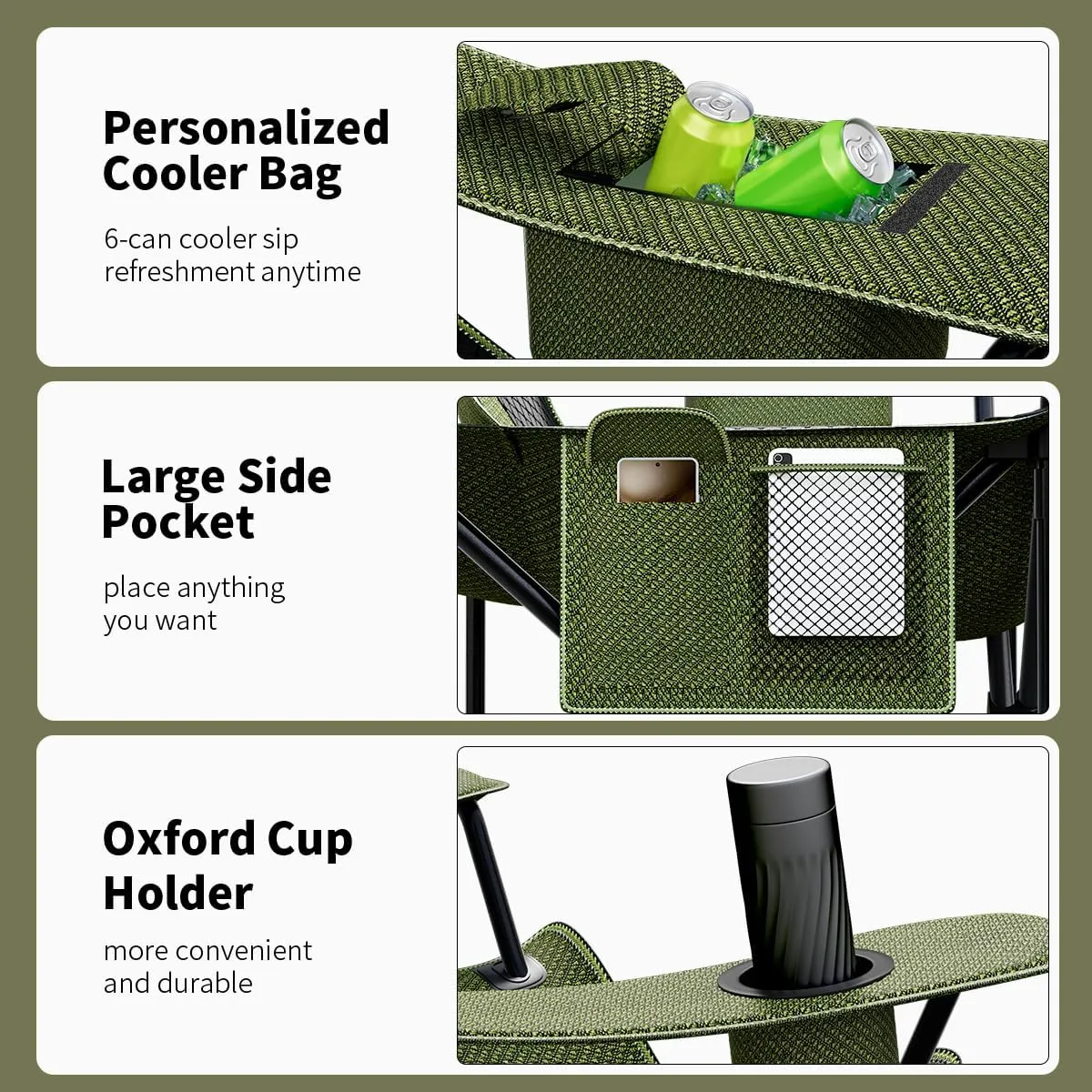 Heavy Duty Folding Chair 500LB Capacity, Oversized Camping Chairs with Cup Holder, Cooler Bag & Storage Pouch, Double-Layer Fabric, Outdoor Chairs for Sports, Lawn Chairs (2, Black Green, Extra Large)