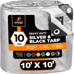 Heavy Duty Poly Tarp - 10' x 10' - 10 Mil Thick Waterproof, UV Blocking Protective Cover - Reversible Silver and Black - Laminated Coating - Grommets - by Xpose Safety