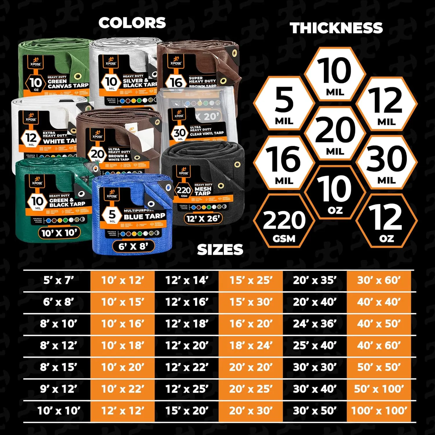 Heavy Duty Poly Tarp - 10' x 10' - 10 Mil Thick Waterproof, UV Blocking Protective Cover - Reversible Silver and Black - Laminated Coating - Grommets - by Xpose Safety