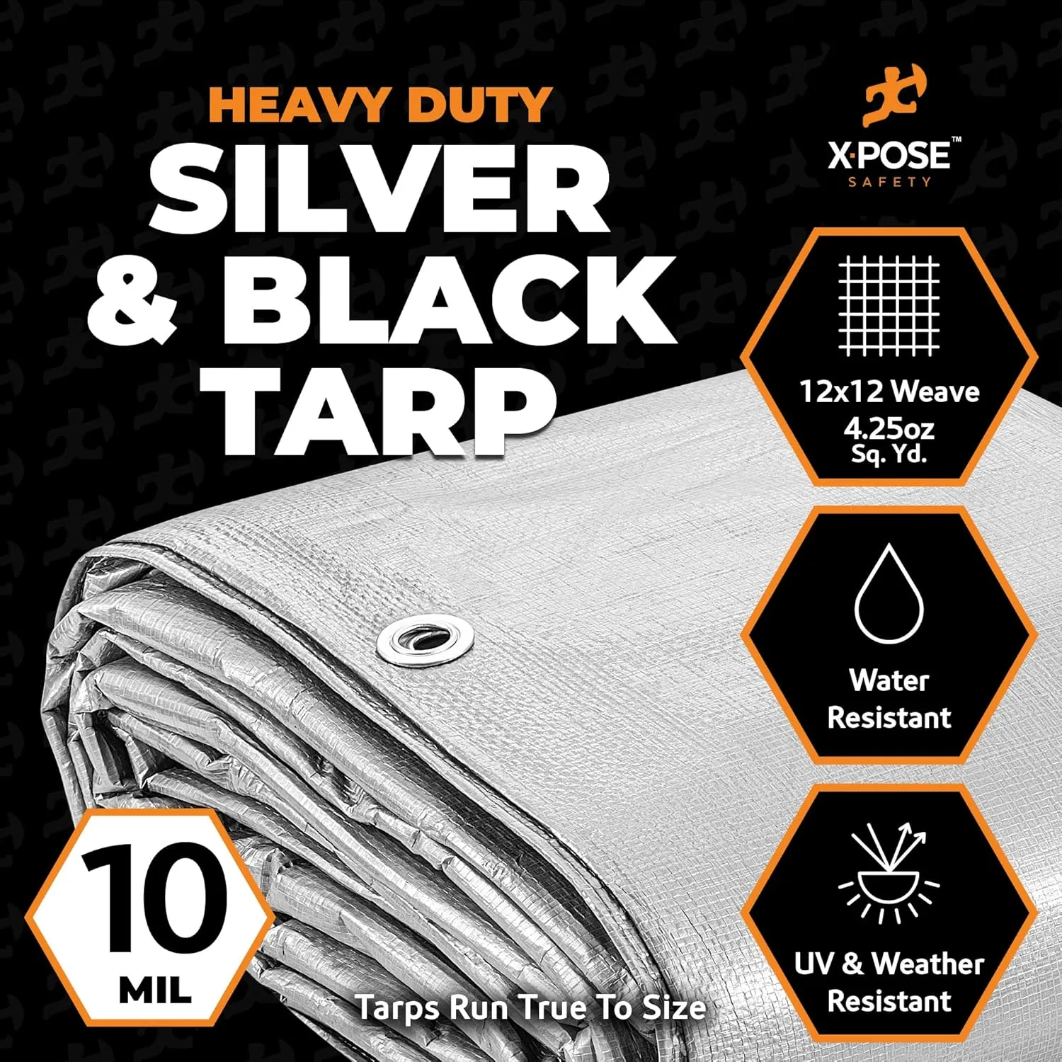 Heavy Duty Poly Tarp - 10' x 10' - 10 Mil Thick Waterproof, UV Blocking Protective Cover - Reversible Silver and Black - Laminated Coating - Grommets - by Xpose Safety