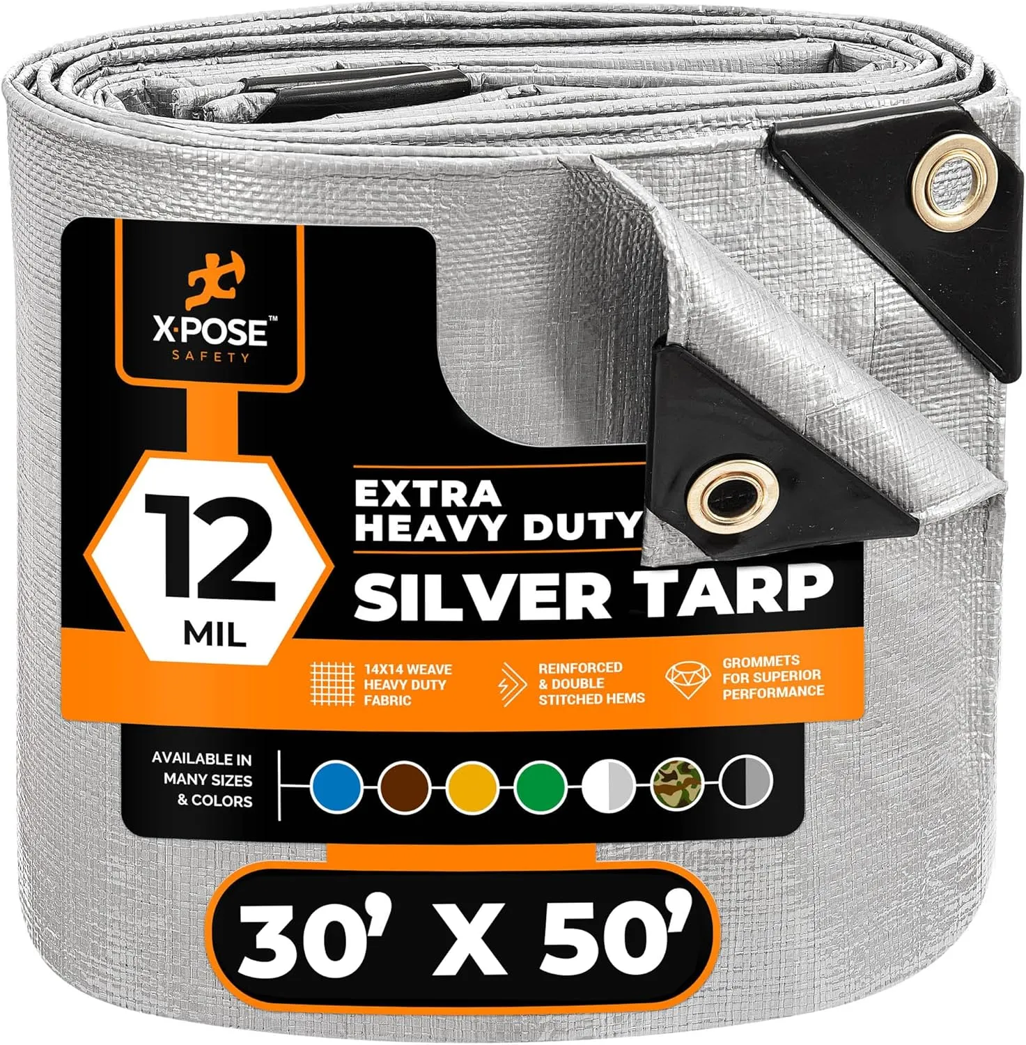 Heavy Duty Silver Poly Tarp 30' X 50' - Multipurpose Protective Cover - Durable, Waterproof, Weather Proof, Rip and Tear Resistant - Extra Thick 12 Mil Polyethylene - by Xpose Safety