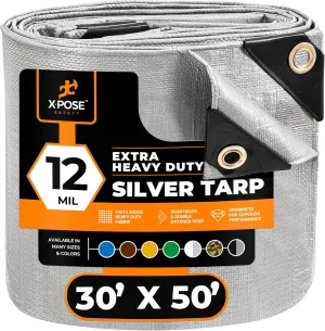 Heavy Duty Silver Poly Tarp 30' X 50' - Multipurpose Protective Cover - Durable, Waterproof, Weather Proof, Rip and Tear Resistant - Extra Thick 12 Mil Polyethylene - by Xpose Safety